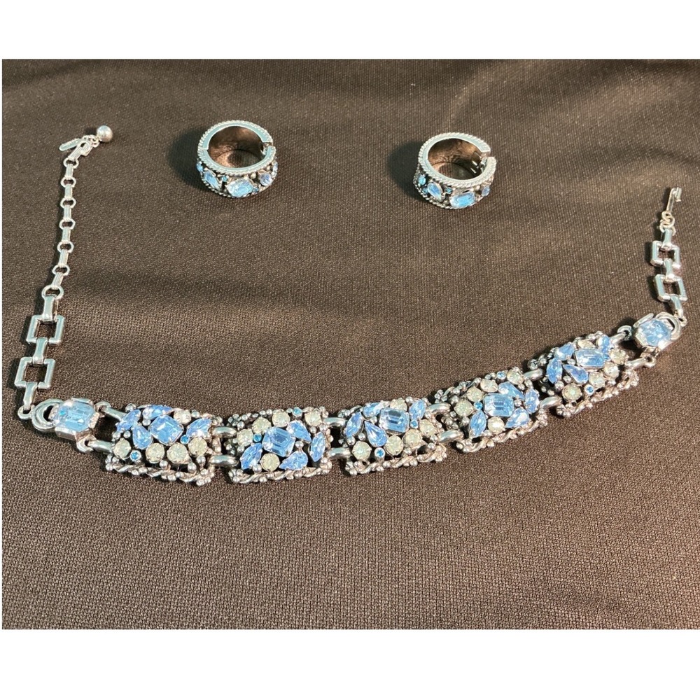 Vintage Barclay Blue Rhinestone Choker Necklace and Clip-On Earrings Set Silver